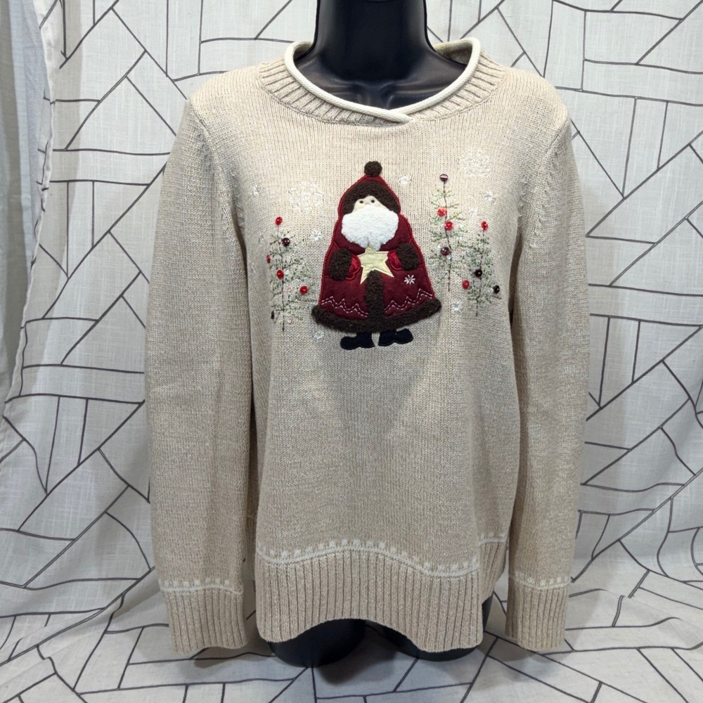 Christopher & Banks Sweater Small Beige Santa Hand Embroidered Christmas Holiday